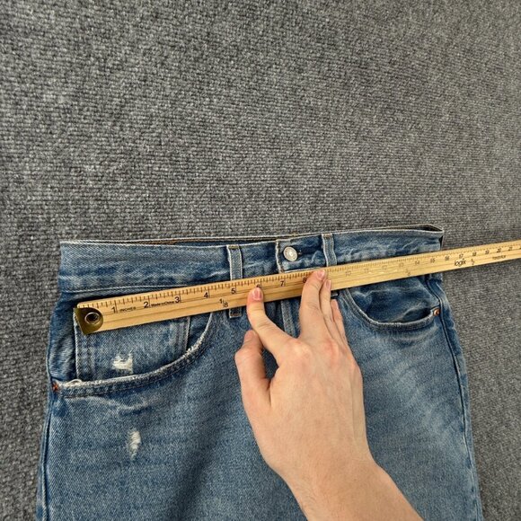 Levis Premium 501s Jeans Blue Denim Distressed Button Fly Women Straight Crop - Picture 13 of 16